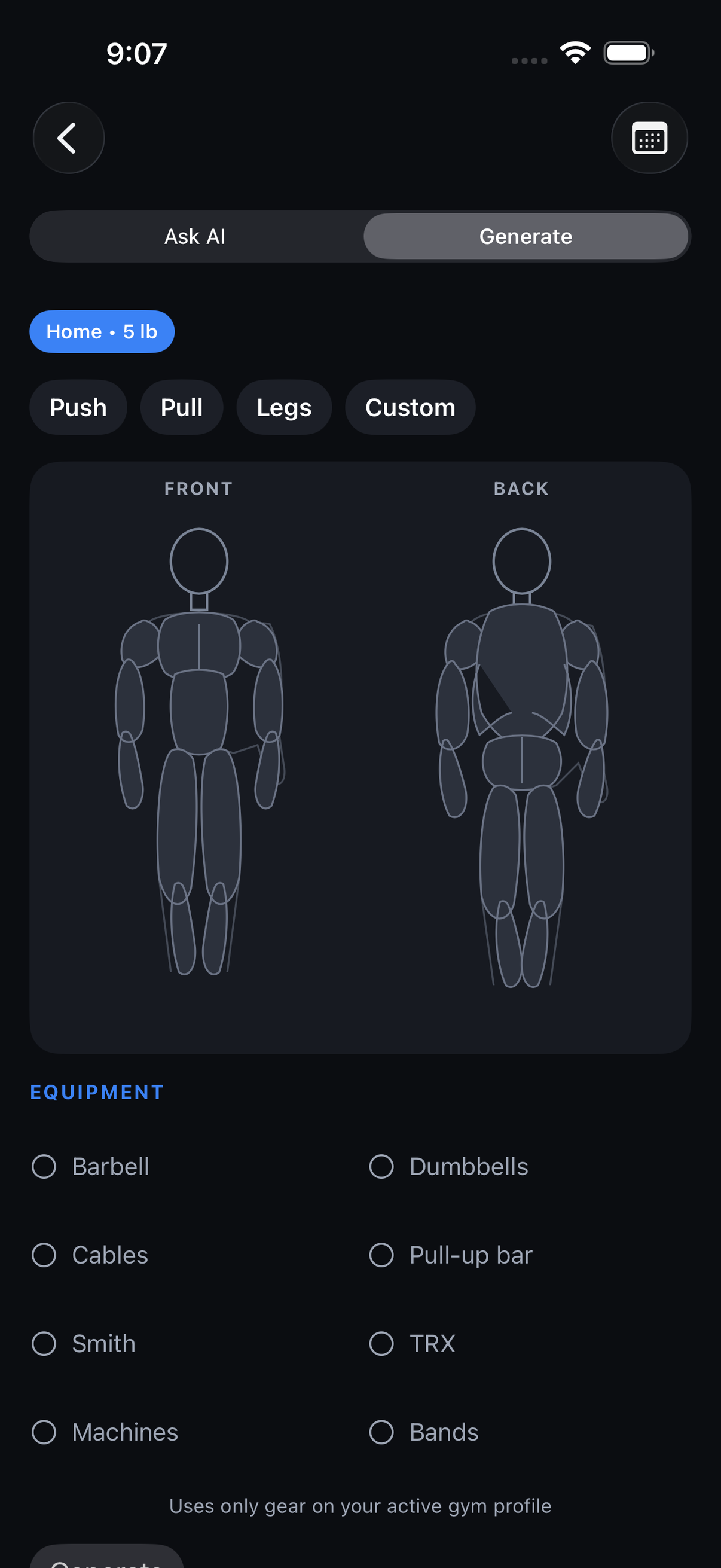 Generate. Front and back muscle map, Push Pull Legs Custom, equipment on the active gym.