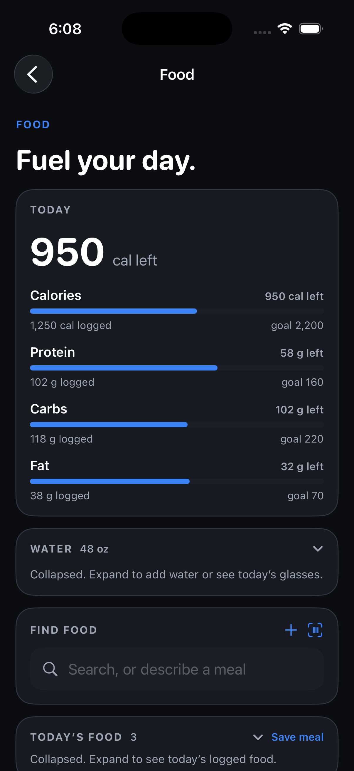 Food. 950 calories left, macros, water 48 ounces, three meals logged.