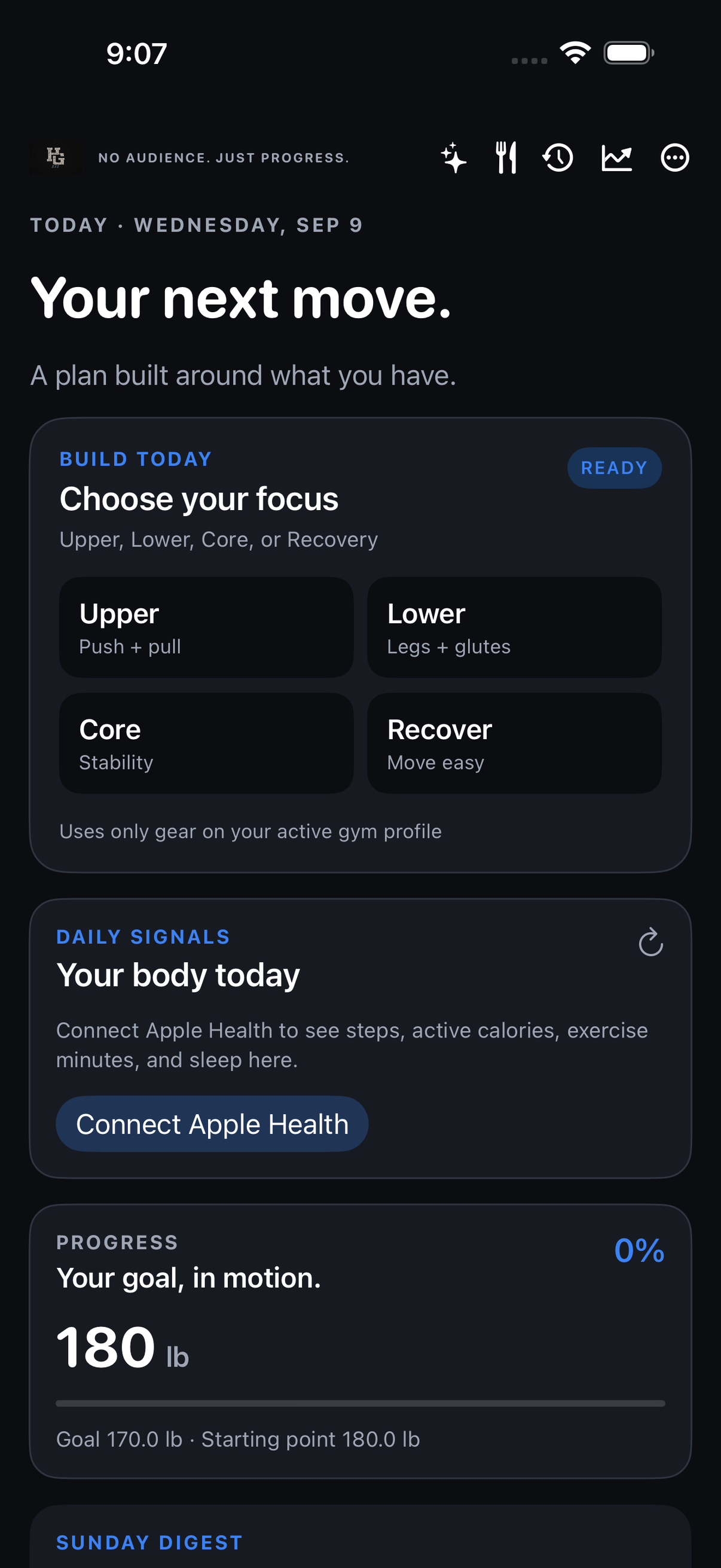 Today with Daily Signals. Connect Apple Health under Build Today.