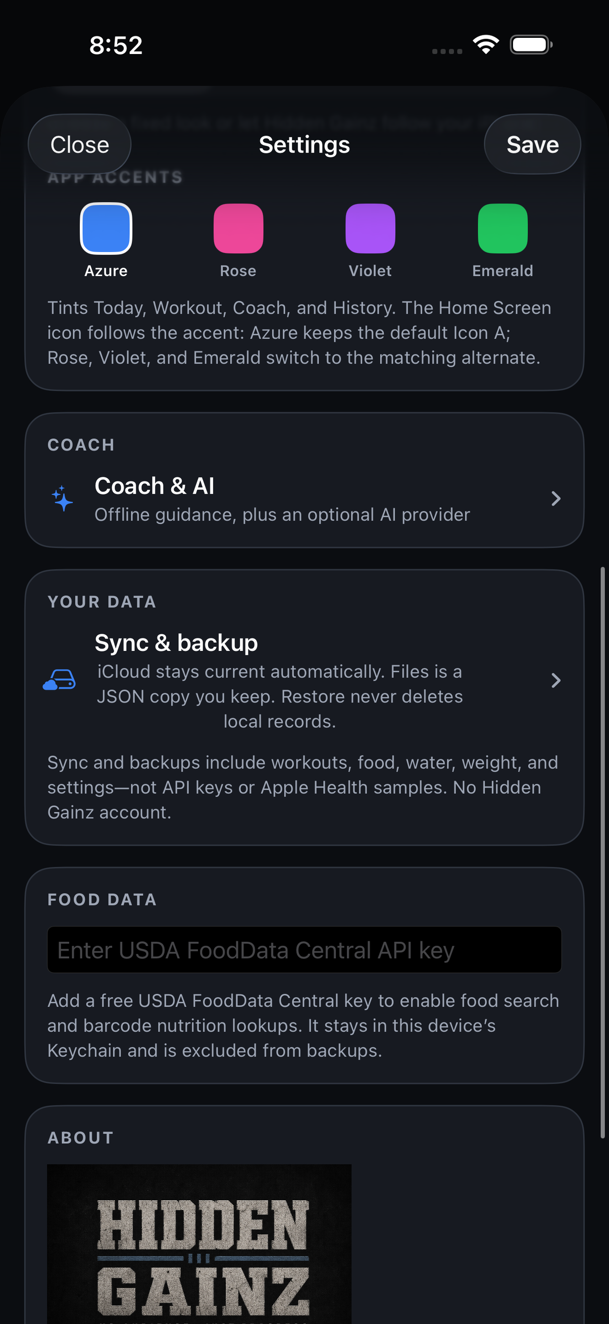 Settings. App accents, Coach, Sync and backup, About Hidden Gainz.